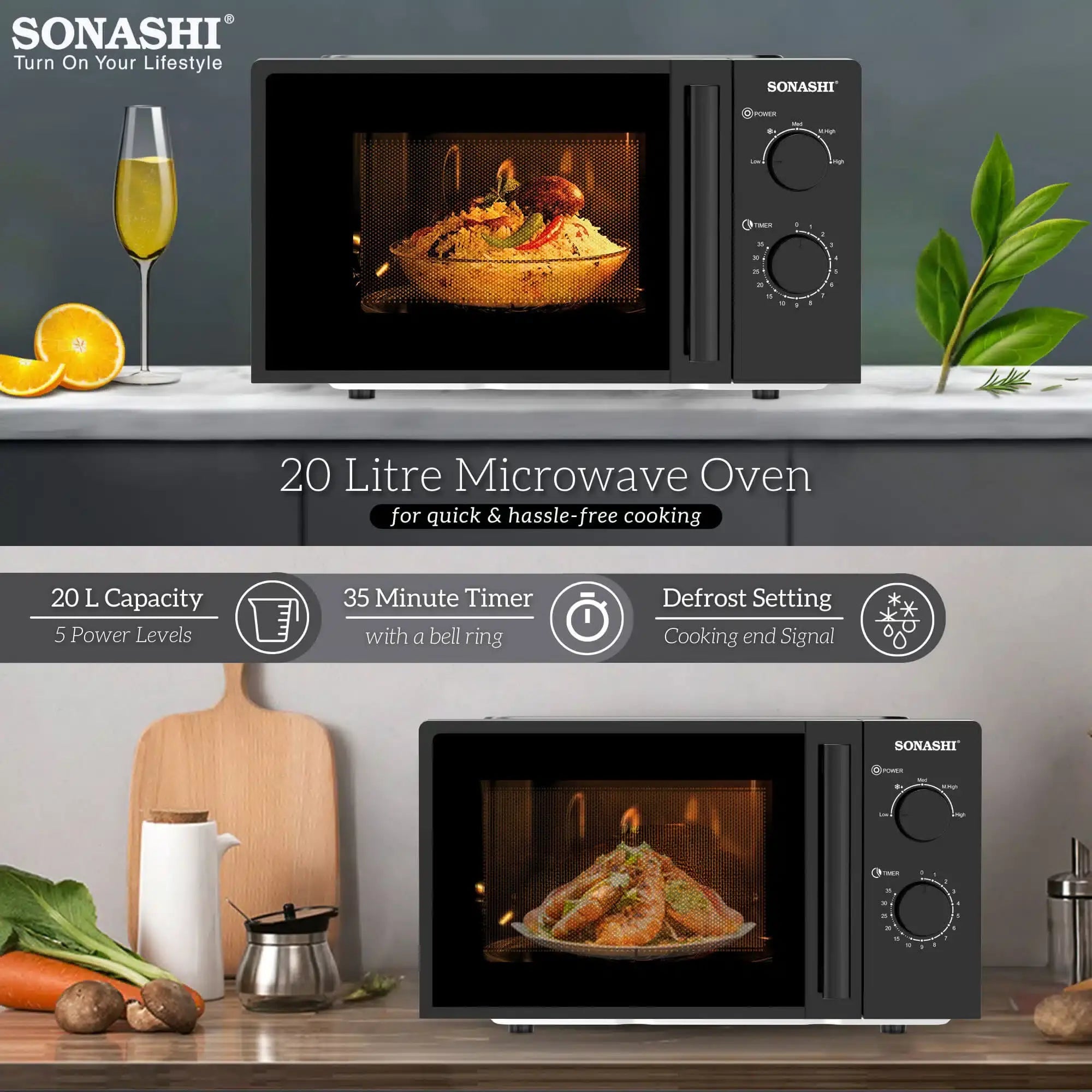 SONASHI 20L Manual Microwave Oven – SMO-920 Black | 700W Power, 245mm Turntable Glass Tray, 6 Power Levels, Defrost Function, 30-Min Timer, Pull Handle Door – Compact & Efficient Design for Everyday Cooking - Damoo