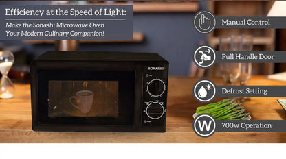 SONASHI 20L Manual Microwave Oven – SMO-920 Black | 700W Power, 245mm Turntable Glass Tray, 6 Power Levels, Defrost Function, 30-Min Timer, Pull Handle Door – Compact & Efficient Design for Everyday Cooking - Damoo