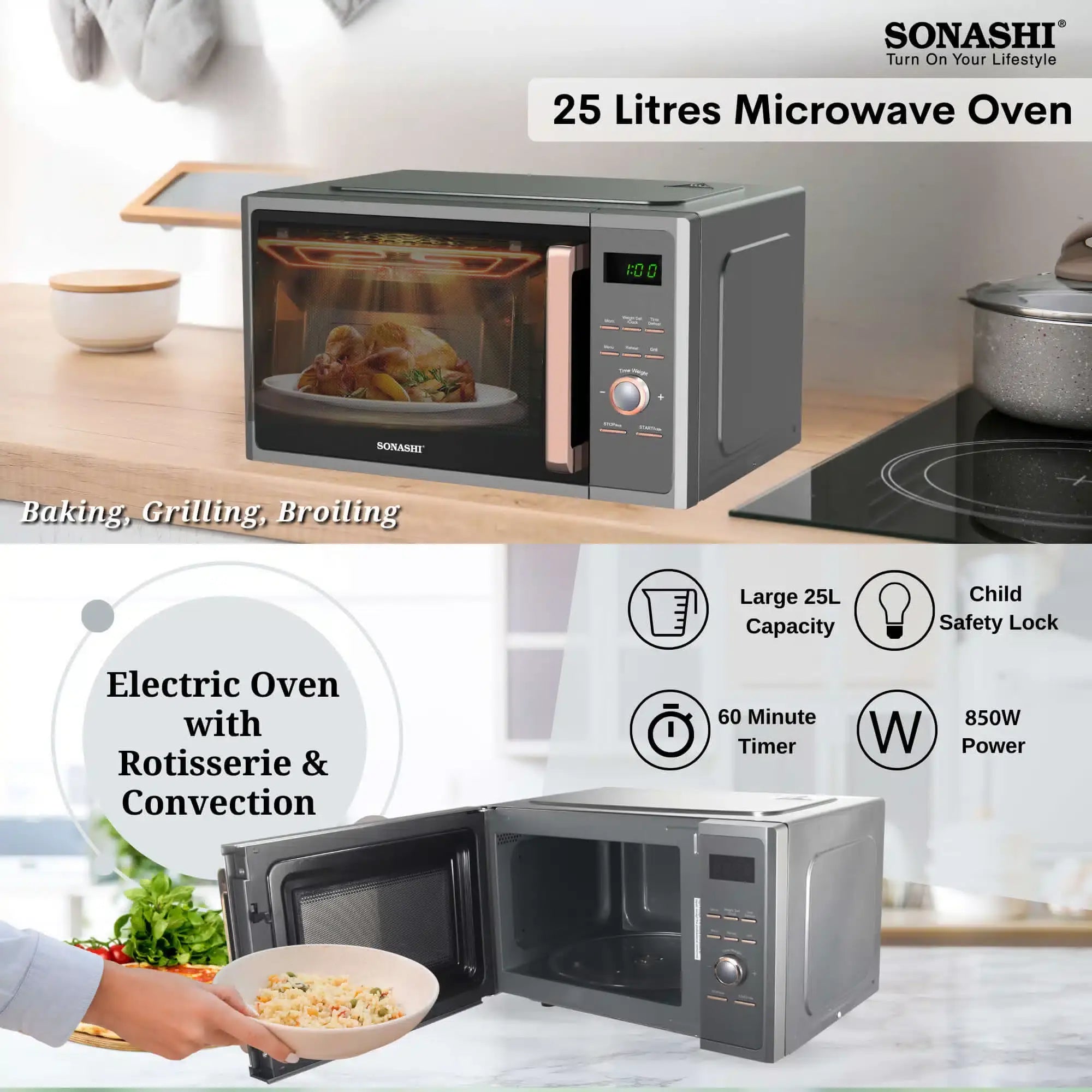 Sonashi 25L Digital Microwave Oven with Touch Control – SMO-925DG | 1000W Power, Grill Function, Child Safety Lock, Fast Heating & Defrost, 5 Power Levels, Pull Handle Door – Ideal for Home & Office Use (Black/White) - Damoo