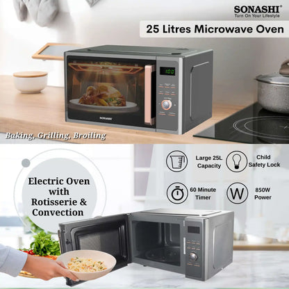 Sonashi 25L Digital Microwave Oven with Touch Control – SMO-925DG | 1000W Power, Grill Function, Child Safety Lock, Fast Heating & Defrost, 5 Power Levels, Pull Handle Door – Ideal for Home & Office Use (Black/White) - Damoo