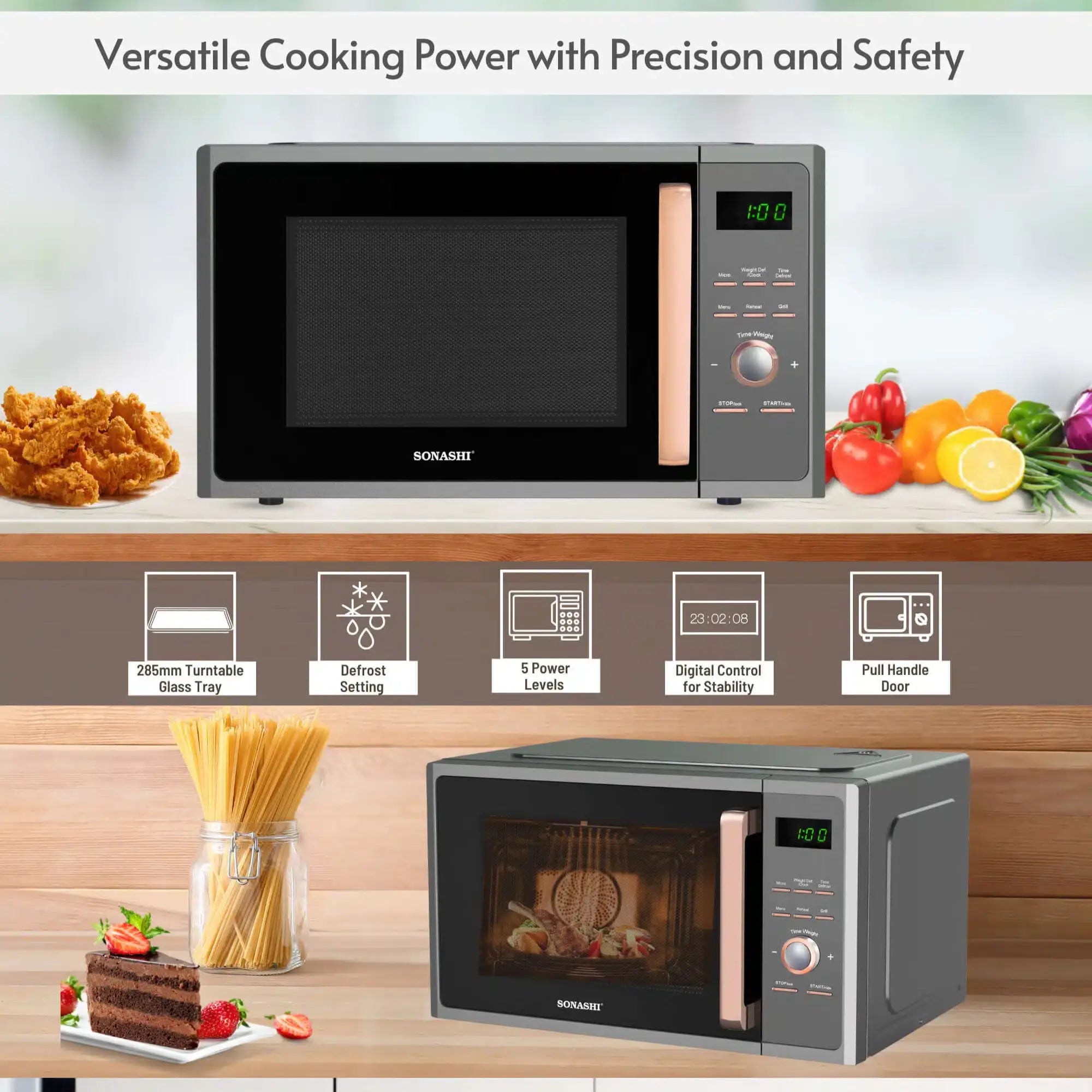 Sonashi 25L Digital Microwave Oven with Touch Control – SMO-925DG | 1000W Power, Grill Function, Child Safety Lock, Fast Heating & Defrost, 5 Power Levels, Pull Handle Door – Ideal for Home & Office Use (Black/White) - Damoo