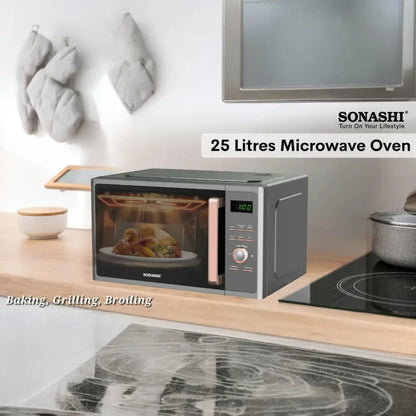 Sonashi 25L Digital Microwave Oven with Touch Control – SMO-925DG | 1000W Power, Grill Function, Child Safety Lock, Fast Heating & Defrost, 5 Power Levels, Pull Handle Door – Ideal for Home & Office Use (Black/White) - Damoo