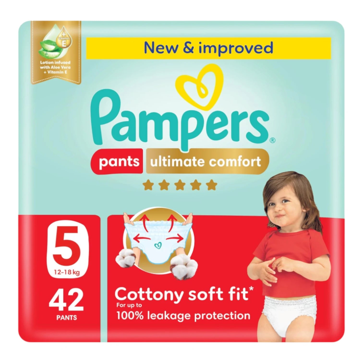 Pampers Ultimate Comfort Pants Diapers – Size 5 (12–18kg), 42 Count | Aloe Vera & Vitamin E Lotion | Cottony Soft, 100% Leakage Protection - Damoo