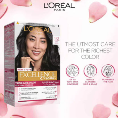 L'Oreal Paris Excellence Creme Triple Care Permanent Hair Colour 1.0 Black – Deep Rich Black, 100% Grey Coverage, Nourishing Triple Care Protection with Pro-Keratin, Ceramide & Collagen - Damoo