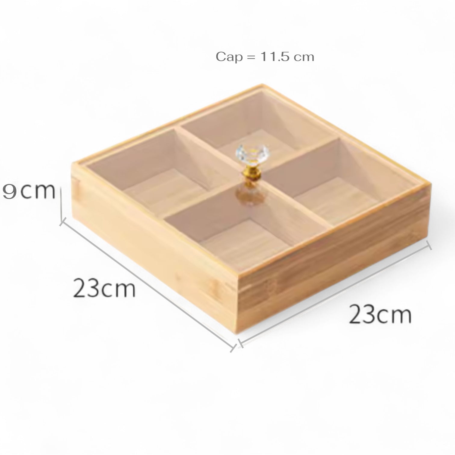 Luxury Wooden Snack Serving Box with Crystal Handle Lid – 4-Compartment Dried Fruit, Nut & Candy Organizer Tray for Home & Parties - Damoo