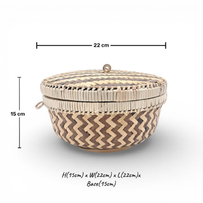 Handwoven Round Bamboo Basket with Lid – Natural Decorative Storage & Serving Bowl (15H x 22L × 22W CM) - Damoo