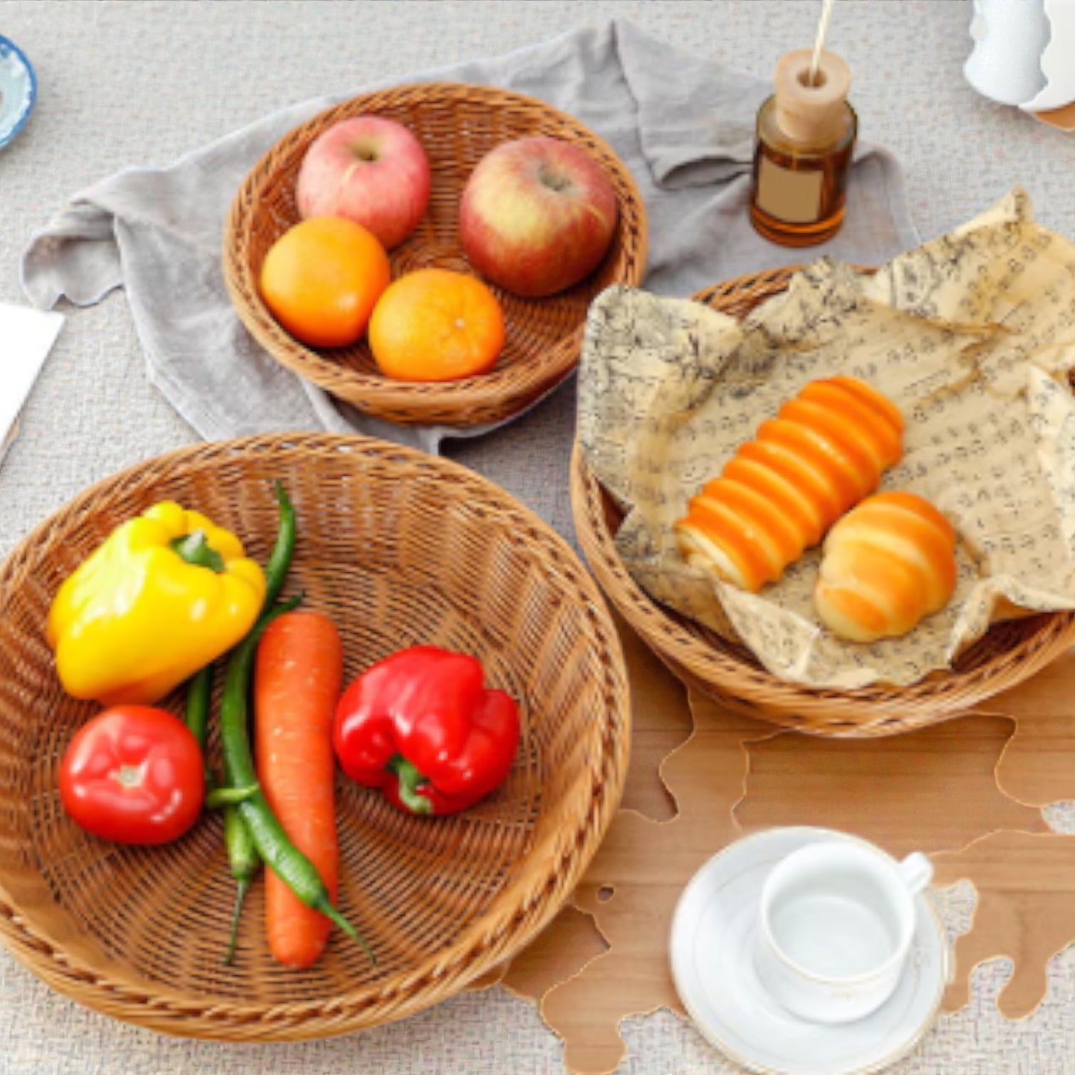 Natural Round Rattan Basket Tray – Handwoven Wicker Bread, Fruit & Snack Serving Basket for Dining Tables & Kitchen Storage (H(6.5cm) x W(30cm) x L(30cm) x Base(23cm)) - Damoo