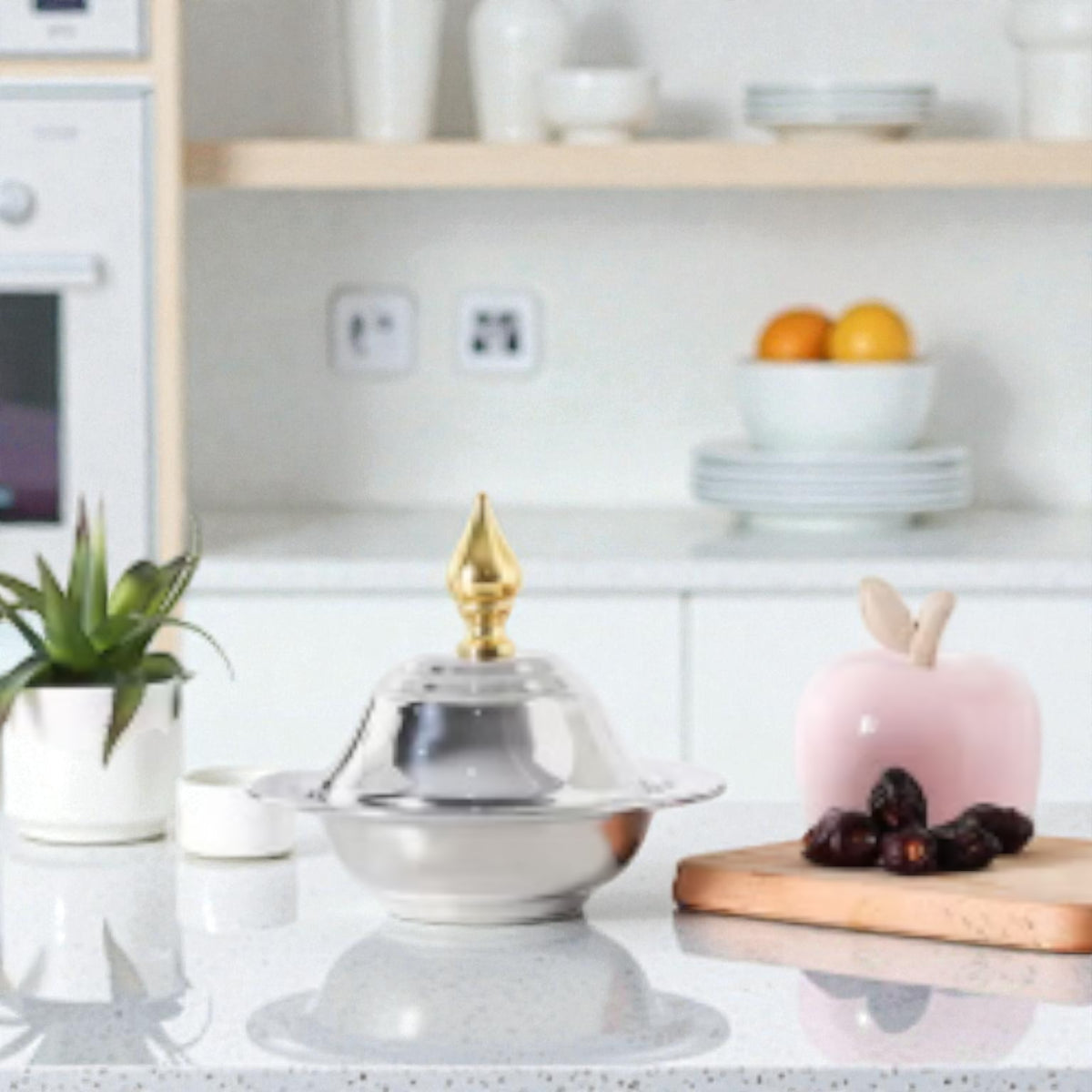Praylady Marina Stainless Steel Serving Bowl With Gold Knob Lid – Luxury Date & Sweets Dish for Arabic Hospitality (20H x 24L × 24W CM) - Damoo