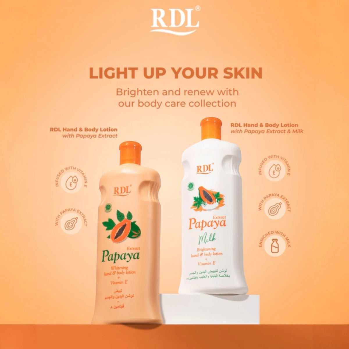 RDL Papaya Extract Milk Hand & Body Lotion 600ml | Skin Brightening Daily Moisturizer with Milk Proteins, Vitamin E & Natural Fruit Extracts | Soft, Smooth & Radiant Skin - Damoo