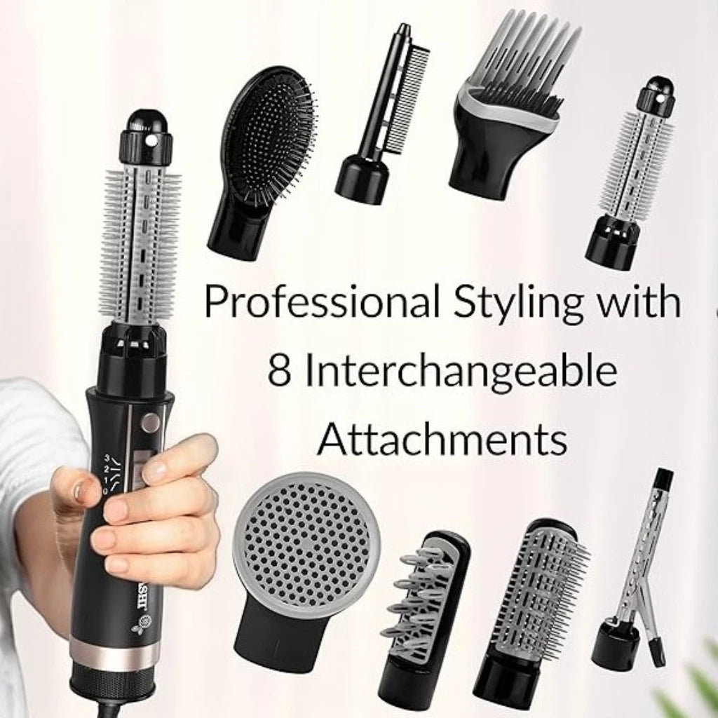 Sonashi 9-in-1 Hair Styler – 800W, 3 Speed Temperature Settings, 8 Detachable Heads, Quick Heat Up, Tangle-Free Cord – All-in-One Hair Tool for Curling, Straightening, Volumizing, Metal Finish, Black - SHS-2091 - Damoo