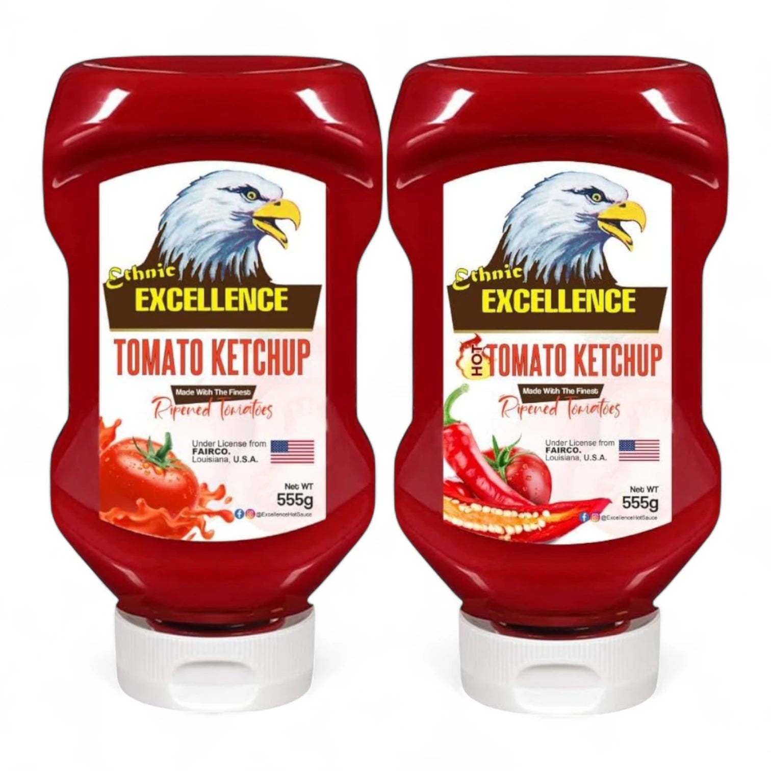 Excellence Ethnic Tomato & Hot Tomato Ketchup Combo Pack – 2 x 555g Squeezy Bottles | Rich, Spicy, & Sweet Flavors | No Trans Fat or Cholesterol | Ideal for Dips, Marinades & Condiments - Damoo