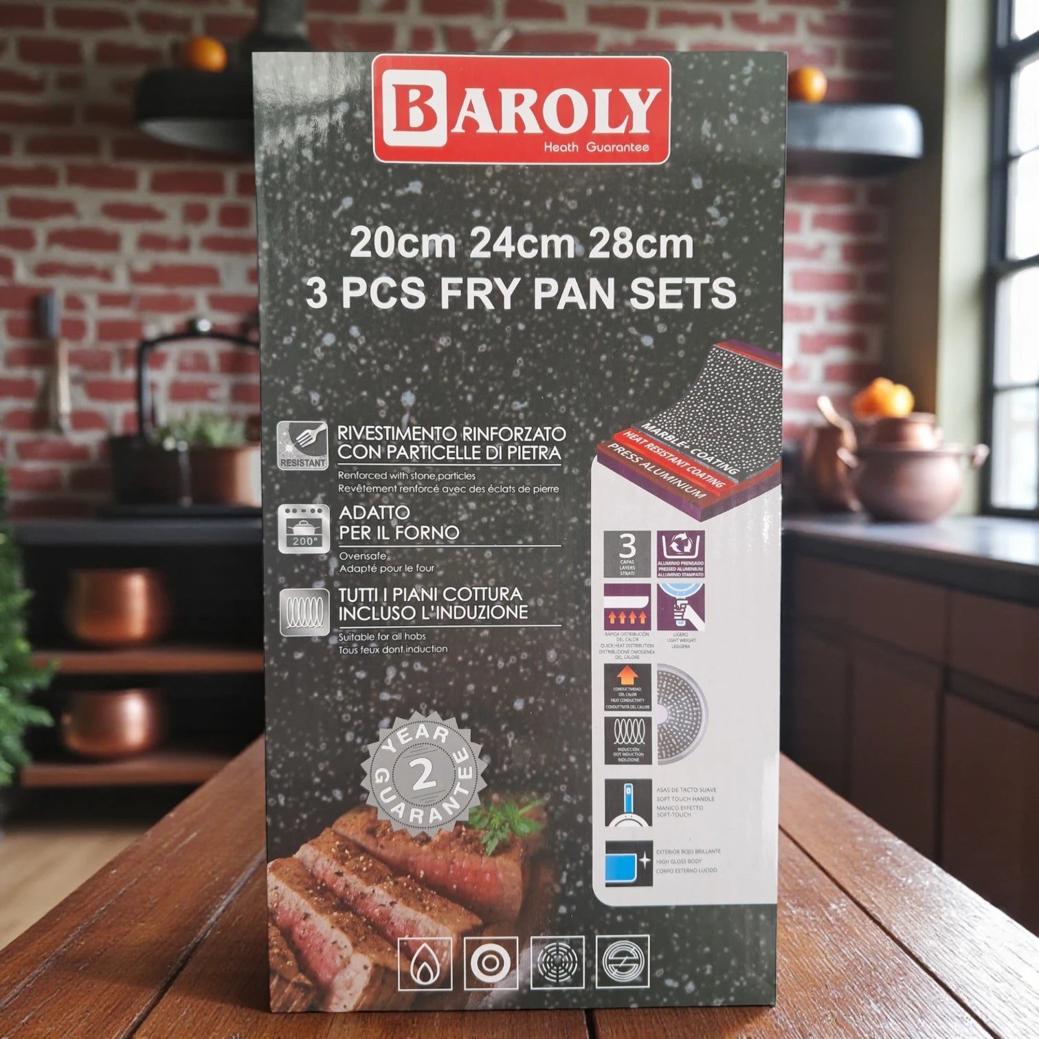 Baroly 3 Pcs Fry Pan Set (20cm, 24cm, 28cm) | Non-Stick Marble Coating | Induction & Oven Safe | Durable Aluminum Cookware with Soft-Touch Handles - Damoo