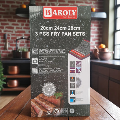 Baroly 3 Pcs Fry Pan Set (20cm, 24cm, 28cm) | Non-Stick Marble Coating | Induction & Oven Safe | Durable Aluminum Cookware with Soft-Touch Handles - Damoo