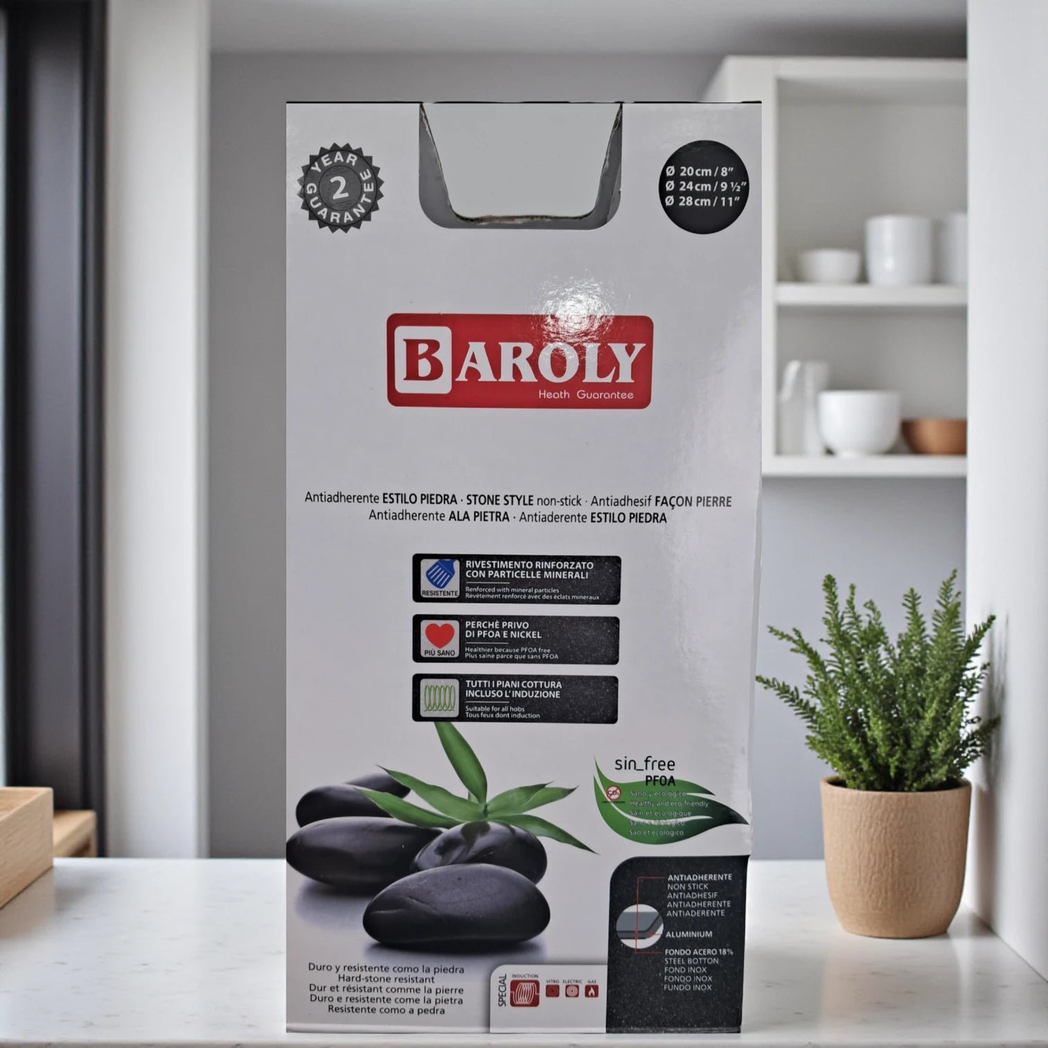 Baroly Stone Style Non-Stick Frying Pan Set | 3-Piece Cookware with Reinforced Mineral Coating | PFOA & Nickel Free | Works on All Stovetops (20cm, 24cm, 28cm) - Damoo