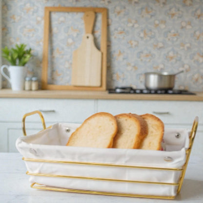 Gold Metal Bread Basket with Fabric Liner – Rectangular Modern Serving Basket (10H x 30L × 19.5W CM) - Damoo