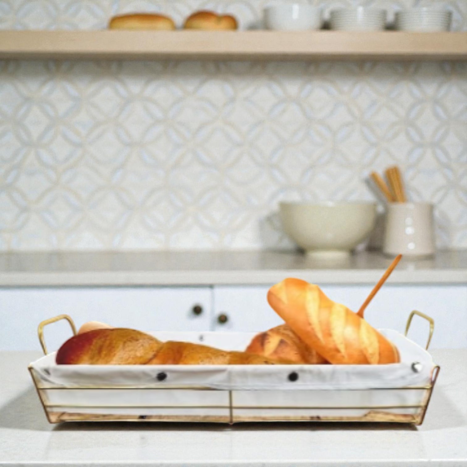 Gold Metal Bread Basket with Fabric Liner – Rectangular Modern Serving Basket (10H x 30L × 19.5W CM) - Damoo