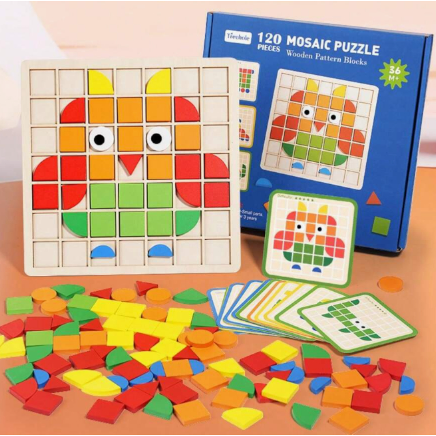 BMT 3D Mosaic Puzzle Wooden Building Blocks Toy – 120 Pcs Montessori Early Educational Set with Sticks, Rings, Pattern Cards & Storage Bag | Creative STEM Learning Toy for Kids Ages 3+ - Damoo