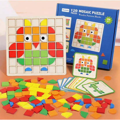 BMT 3D Mosaic Puzzle Wooden Building Blocks Toy – 120 Pcs Montessori Early Educational Set with Sticks, Rings, Pattern Cards & Storage Bag | Creative STEM Learning Toy for Kids Ages 3+ - Damoo