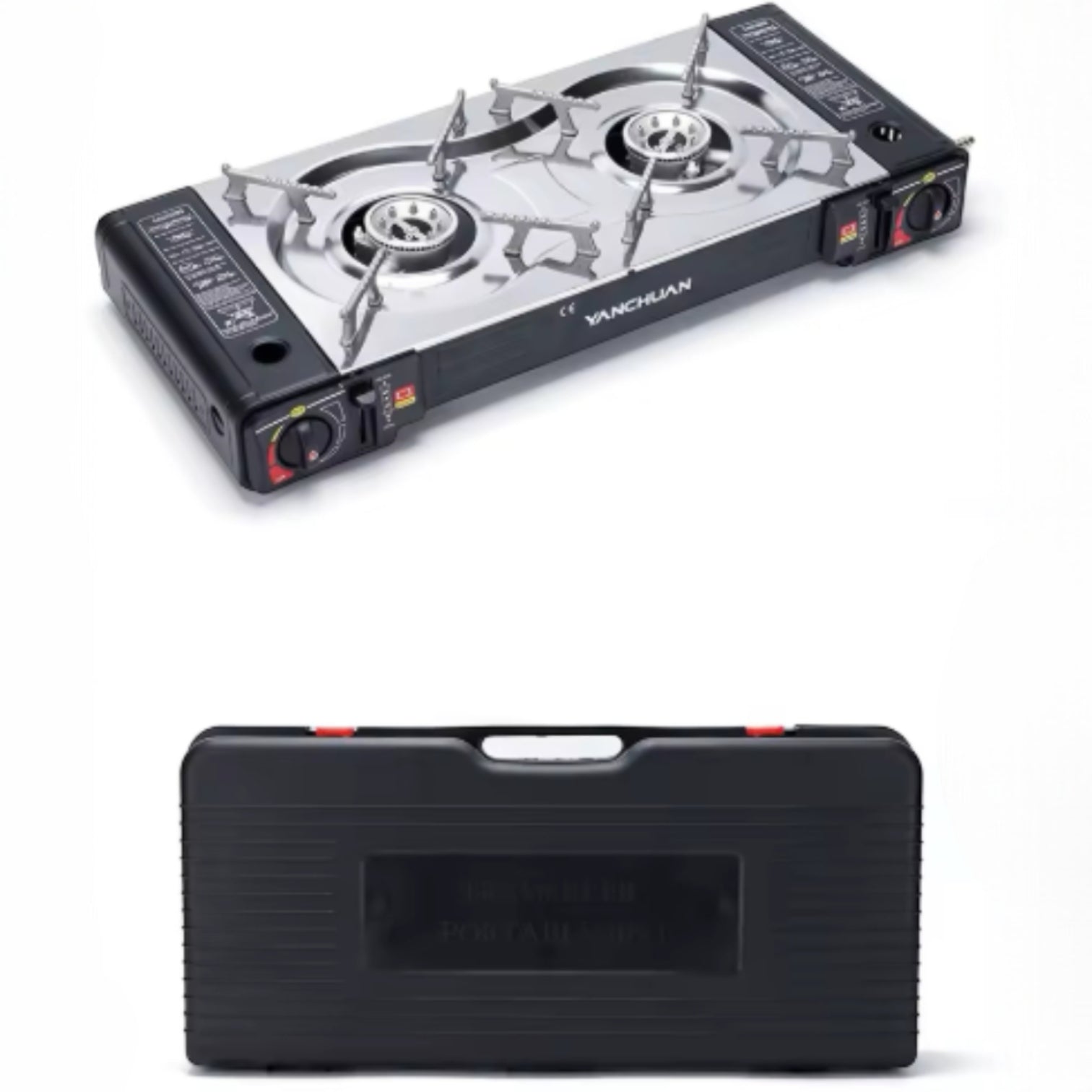 Gaskocher Double Burner Portable Camping Gas Stove – Lightweight Outdoor Gas Cooker with Automatic Ignition, Enamel Pan Holder, and High Heat Output – Ideal for Home, Camping & Picnics
