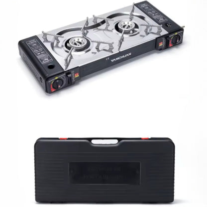 Gaskocher Double Burner Portable Camping Gas Stove – Lightweight Outdoor Gas Cooker with Automatic Ignition, Enamel Pan Holder, and High Heat Output – Ideal for Home, Camping & Picnics