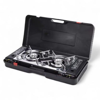 Gaskocher Double Burner Portable Camping Gas Stove – Lightweight Outdoor Gas Cooker with Automatic Ignition, Enamel Pan Holder, and High Heat Output – Ideal for Home, Camping & Picnics