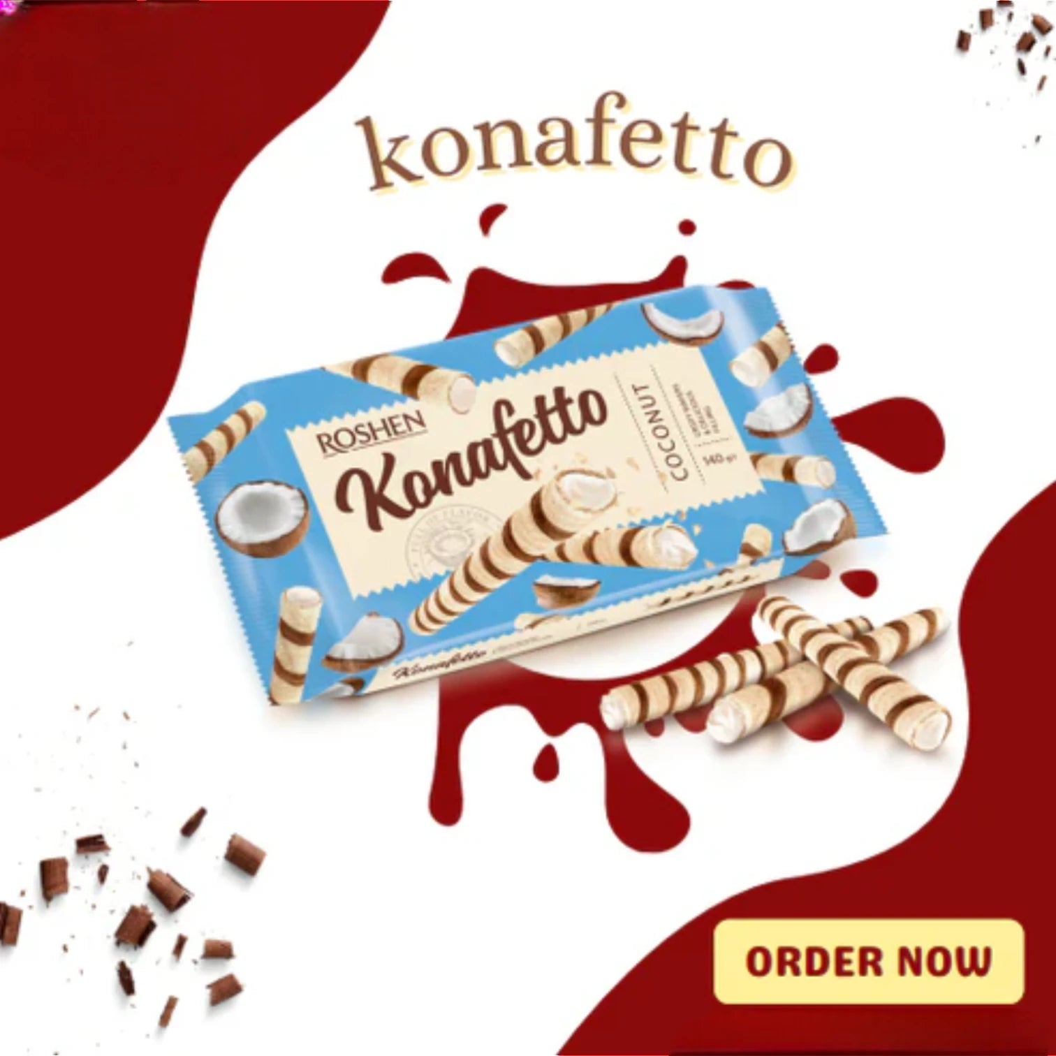 Roshen Konafetto Wafer Rolls with Coconut Cream Filling – 3X140g | Crispy Rolled Wafers with Exotic Coconut Flavor | Sweet Snack from Ukraine - Damoo