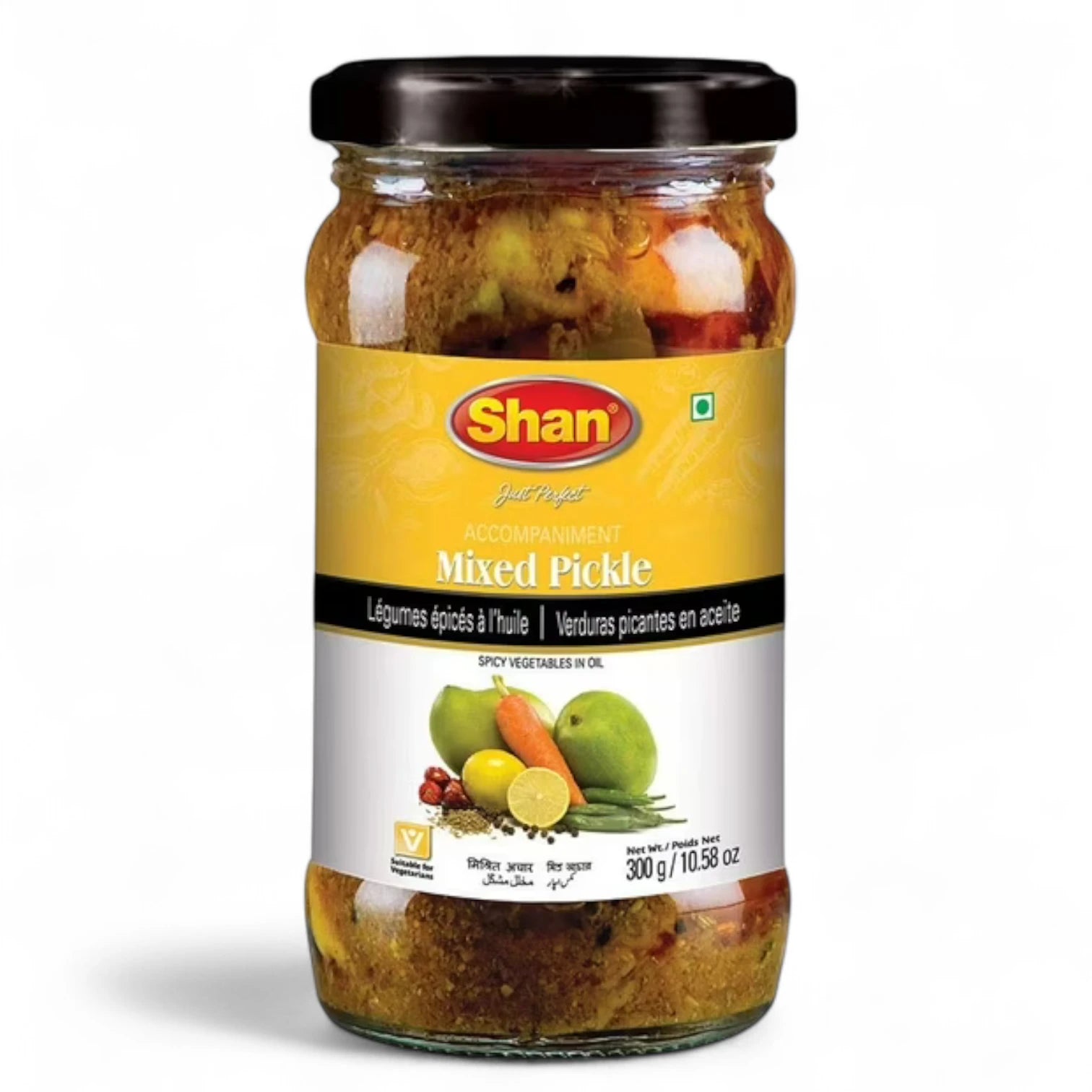 Shan Mixed Pickle 300g – Spicy & Tangy Assorted Vegetable Achar | Authentic Indian Pickle with Bold Aromatic Spices | Halal, Allergen-Free, Vegetarian-Friendly | Glass Jar Pack Made in India - Damoo