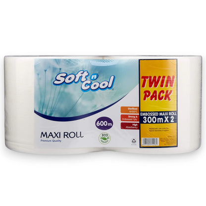 Soft N Cool Maxi Roll Twin Pack – 300m x 2 | 1 Ply, Strong & Absorbent Paper Towel for Kitchen, Restaurants & Cleaning - Damoo