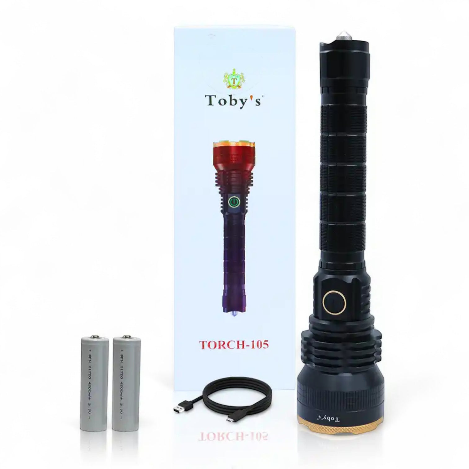 Toby’s Torch 105 LED Flashlight – 3000 Lumens Ultra Bright Rechargeable Torch with USB Charging, 4 Light Modes, IPX5 Waterproof – Durable Flashlight for Camping, Hiking, Household & Emergency Use