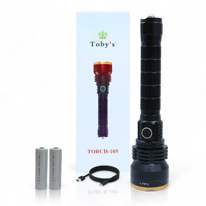 Toby’s Torch 105 LED Flashlight – 3000 Lumens Ultra Bright Rechargeable Torch with USB Charging, 4 Light Modes, IPX5 Waterproof – Durable Flashlight for Camping, Hiking, Household & Emergency Use