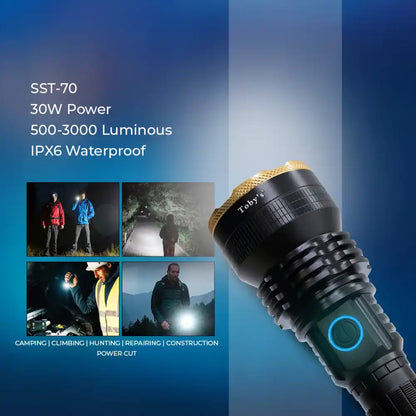 Toby’s Torch 105 LED Flashlight – 3000 Lumens Ultra Bright Rechargeable Torch with USB Charging, 4 Light Modes, IPX5 Waterproof – Durable Flashlight for Camping, Hiking, Household & Emergency Use