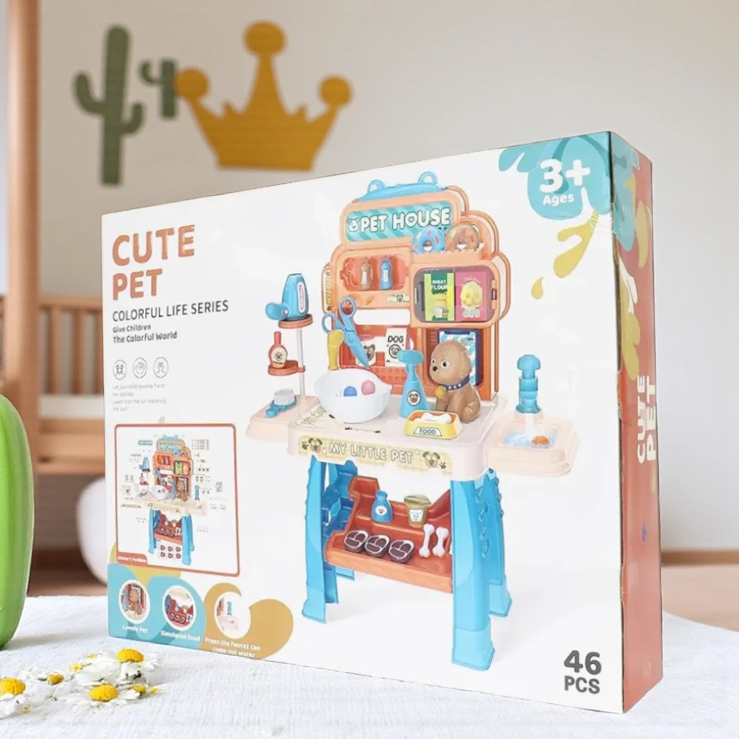 Cute Pet House Play Set 46 Pcs | Pet Care Toy with Food, Accessories & Water Faucet | Pretend Play Animal Care Set for Kids Ages 3+