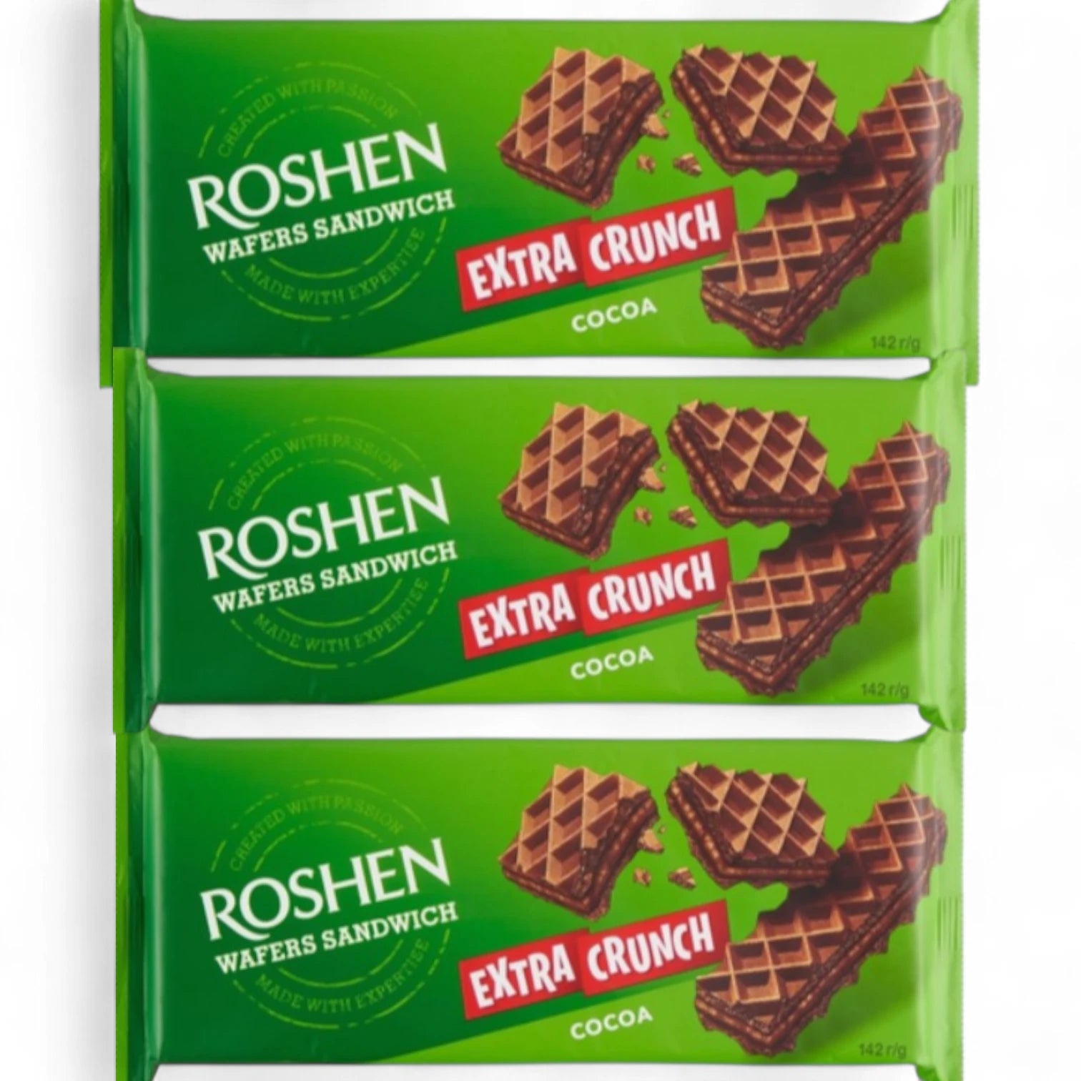 Roshen Wafers Sandwich Cocoa – Extra Crunch – 142g (Pack of 2) | Rich Chocolate Cream Filled Wafer Snack | Crispy & Irresistible Treat - Damoo