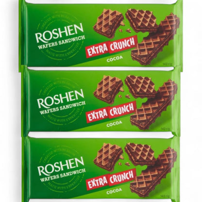 Roshen Wafers Sandwich Cocoa – Extra Crunch – 142g (Pack of 2) | Rich Chocolate Cream Filled Wafer Snack | Crispy & Irresistible Treat - Damoo
