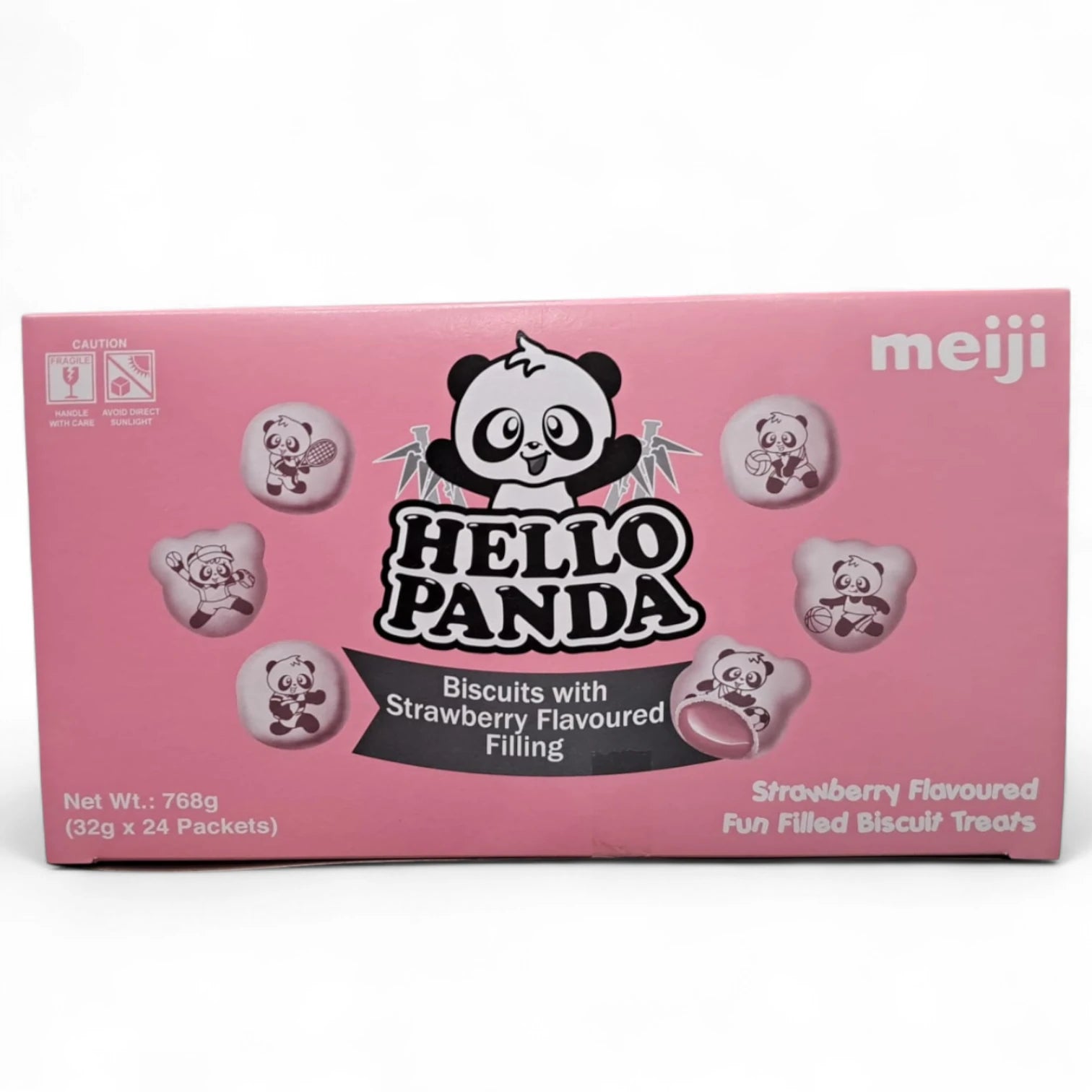 Meiji Hello Panda Strawberry Biscuits – 24 x 32g Packs (768g Total) | Crunchy Panda-Shaped Treats with Strawberry Cream Filling | Fun Snack for Kids & Adults - Damoo