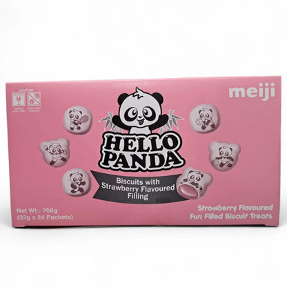 Meiji Hello Panda Strawberry Biscuits – 24 x 32g Packs (768g Total) | Crunchy Panda-Shaped Treats with Strawberry Cream Filling | Fun Snack for Kids & Adults - Damoo
