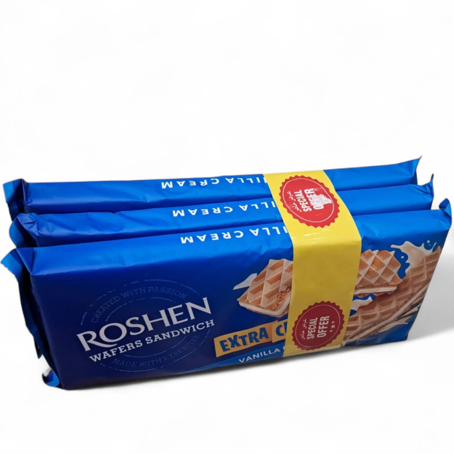 Roshen Vanilla Wafers Sandwich – Extra Creamy – 3 x 142g – Crispy Wafer Snack with Rich Vanilla Filling - Damoo