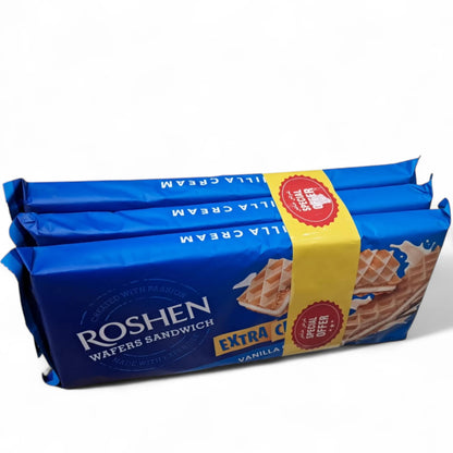 Roshen Vanilla Wafers Sandwich – Extra Creamy – 3 x 142g – Crispy Wafer Snack with Rich Vanilla Filling - Damoo