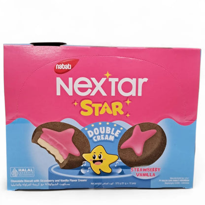 Nabati Nextar Star Chocolate Biscuits – 12 Packs x 31g (372g Total) | Double Cream Strawberry & Vanilla Filling | Fun Star-Shaped Cookies for Kids & Adults - Damoo