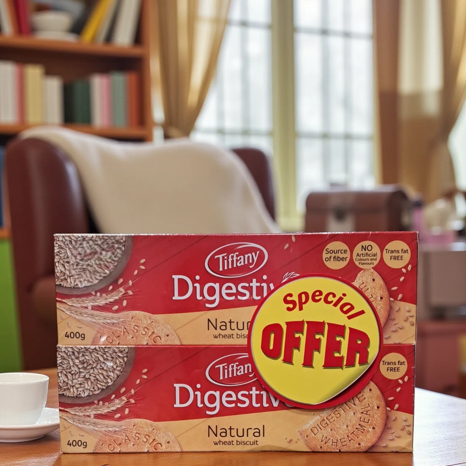Tiffany Digestive Natural Wheat Biscuits 400g x 2 – Classic High-Fiber Snack | No Artificial Flavors | Trans Fat Free | Special Offer Pack - Damoo