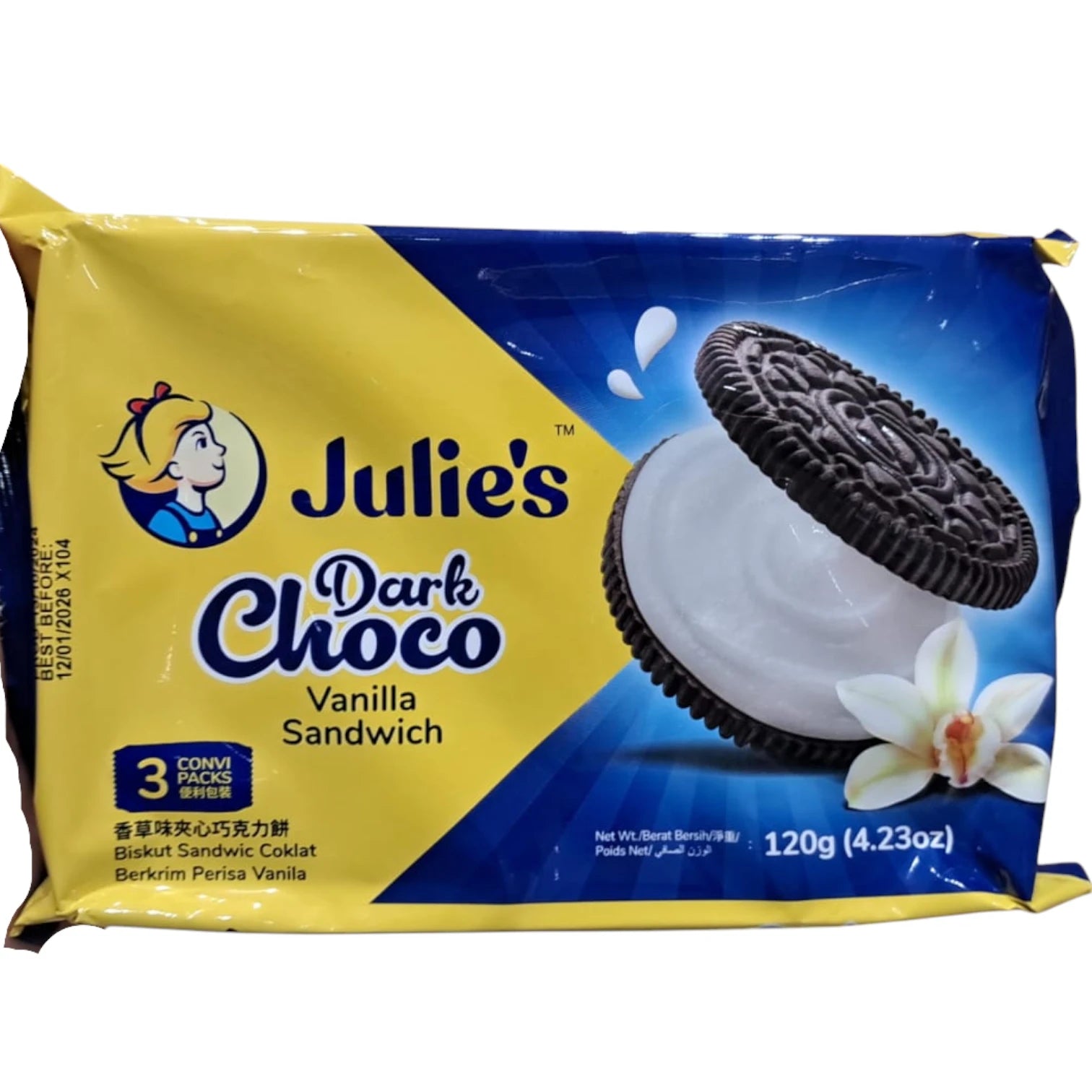 Julie's Dark Choco Vanilla Sandwich Biscuits – 120g Pack | Rich Chocolate Cookies with Creamy Vanilla Filling - Damoo
