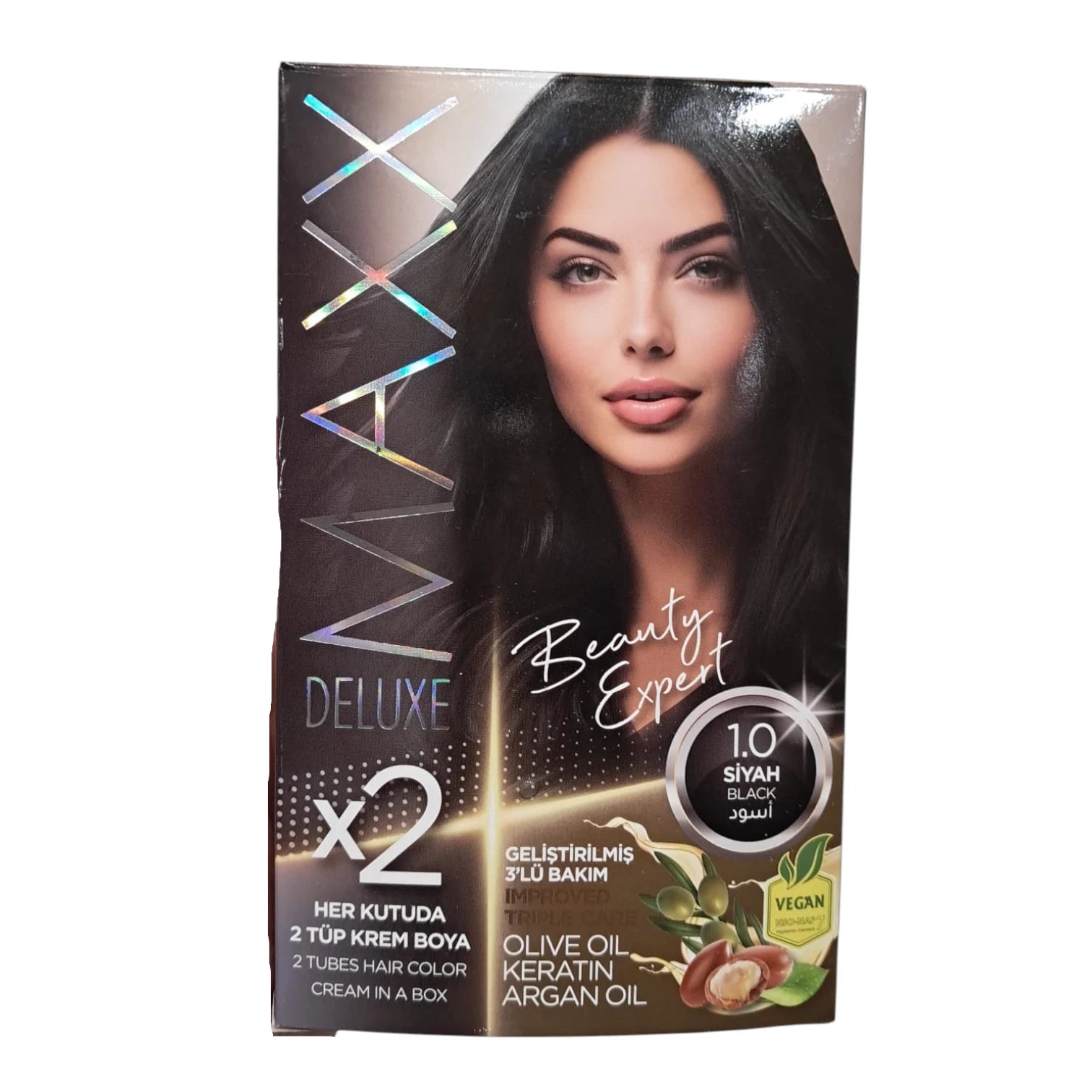 MAXX Deluxe 1.0 Black Hair Color Cream with Olive Oil, Keratin & Argan Oil – 2 Tubes x 50ml – Permanent Hair Dye – Vegan – Deep Nourishment & Shine – 100% Grey Coverage - Damoo