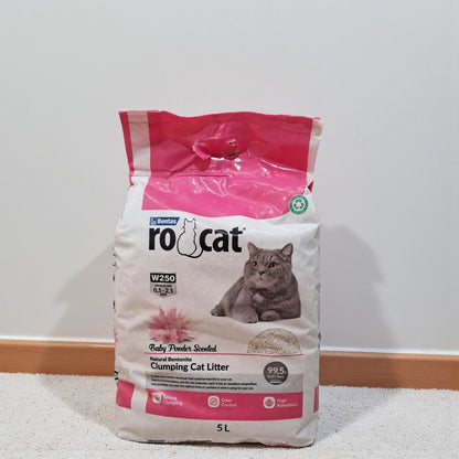 RoCat White Bentonite Clumping Cat Litter – 5L Baby Powder Scented | Ultra Absorbent, 99.5% Dust-Free, Strong Clumping & Odor Control - Damoo
