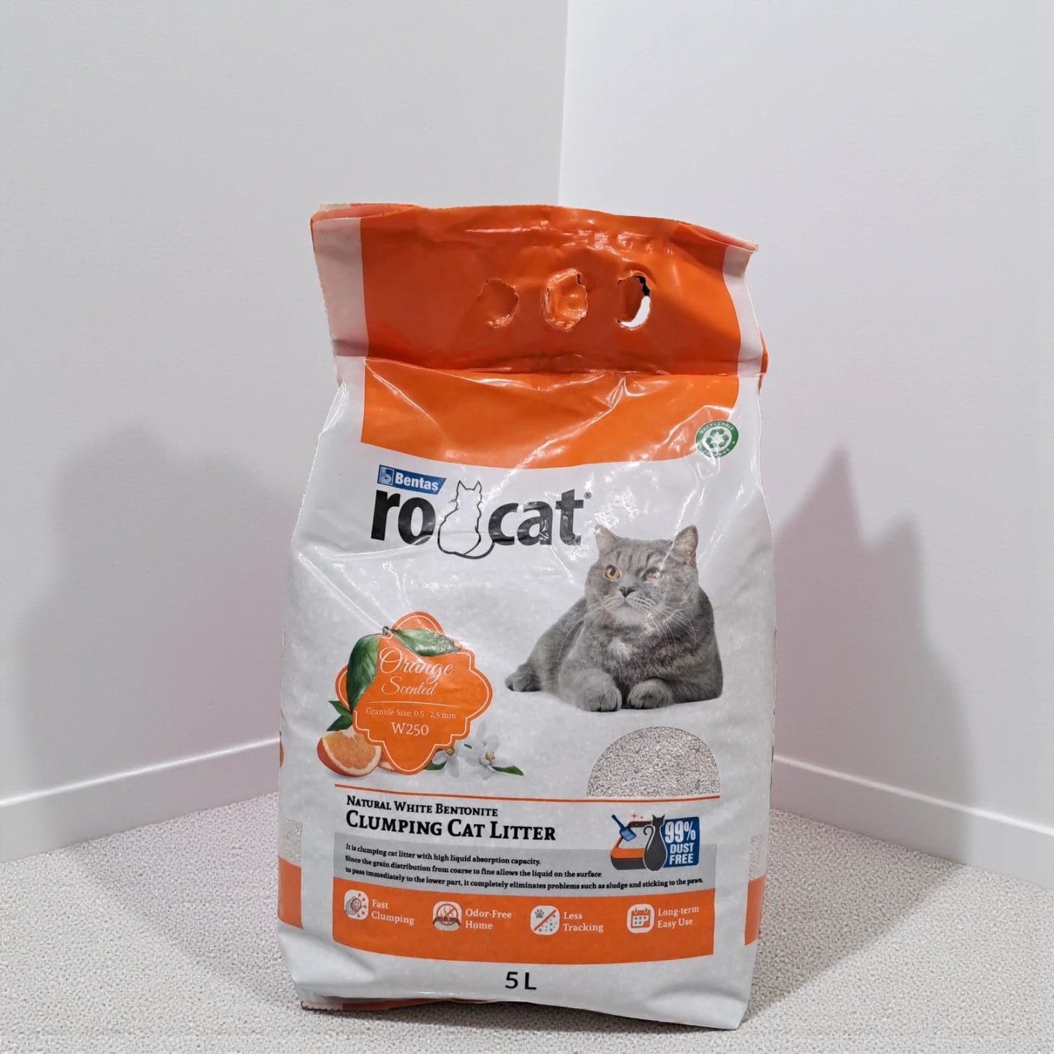 RoCat Natural White Bentonite Clumping Cat Litter – 5L Orange Scent | Ultra Absorbent, Fast Clumping, 99.5% Dust-Free, Odor Control, Easy Cleanup - Damoo