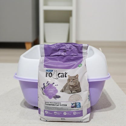 RoCat Lavender Scented Clumping Cat Litter – 10L | Natural White Bentonite | Odor-Free, Fast Clumping, 99% Dust-Free - Damoo