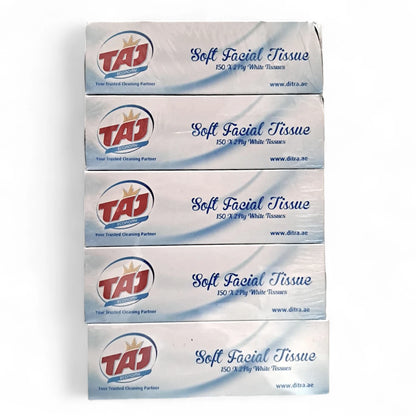 Taj White Facial Tissues 2-Ply 150 Sheets per Box – Pack of 5 | Soft, Gentle & Absorbent Tissues for Home, Office, Kitchen & Everyday Use - Damoo