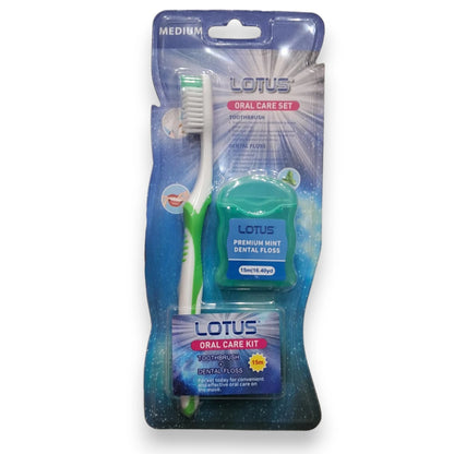 Lotus Oral Care Kit with Medium Toothbrush & Premium Mint Dental Floss – Daily Fresh Breath & Complete Oral Hygiene (15m Floss) - Damoo