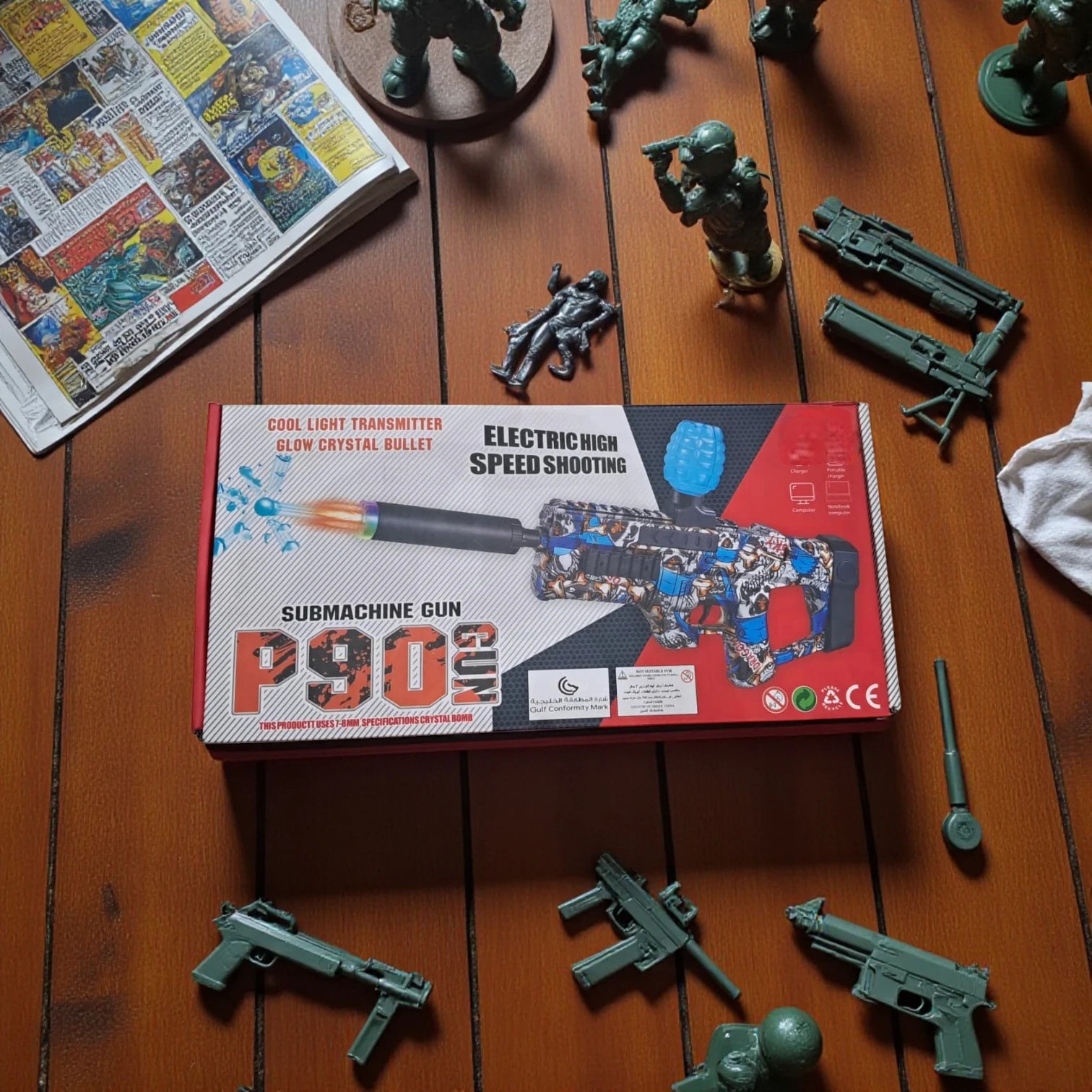 P90 Submachine Toy Gun – Electric High Speed Shooting with Glow Crystal Bullets, Rechargeable Battery Powered, Cool Light Effects, Kids Outdoor Play Blaster Toy for +6 Years