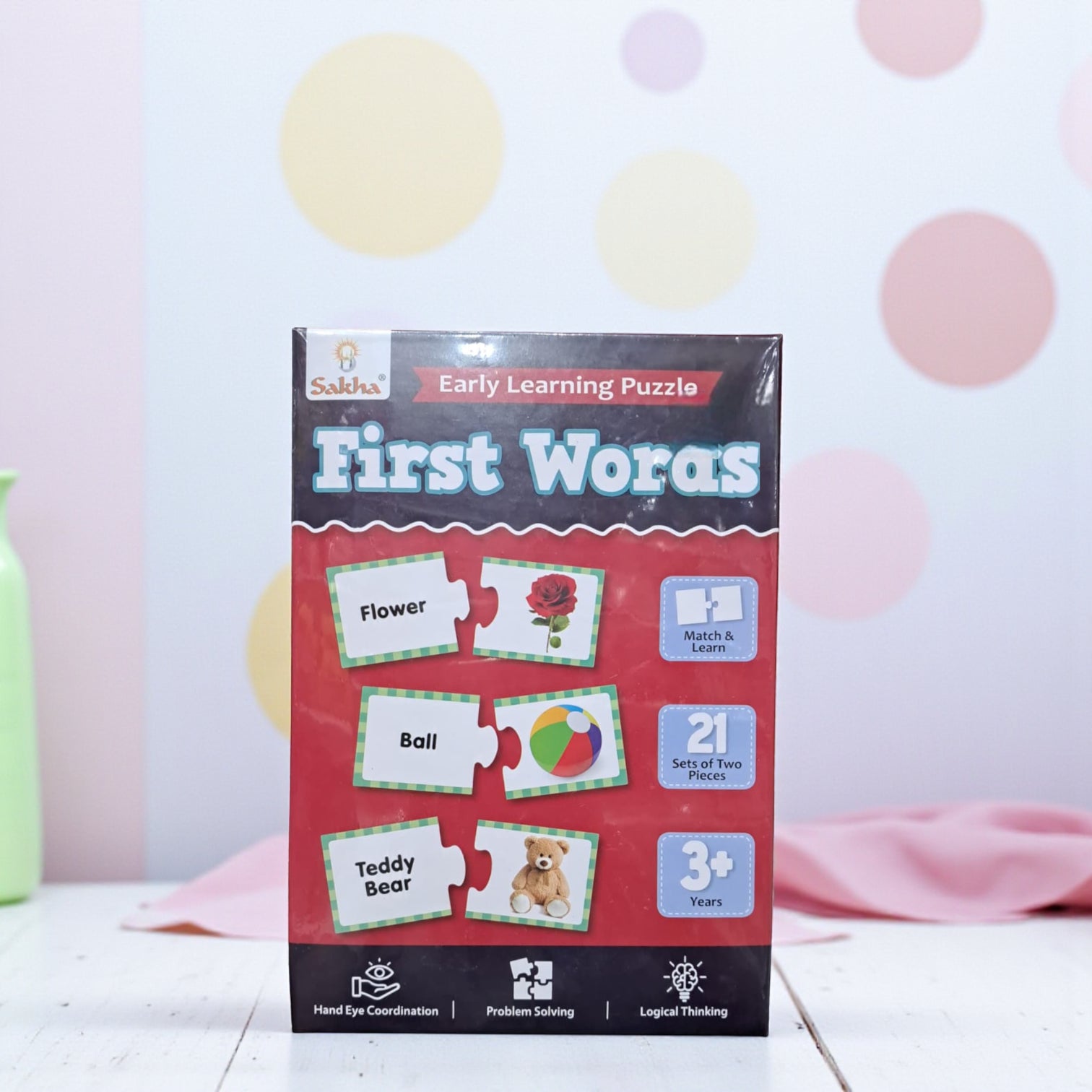 Sakha Early Learning Puzzle First Words – 21 Two-Piece Matching Sets for Kids, Toddlers, and Preschoolers – Educational Vocabulary Builder for Ages 3+ - Damoo