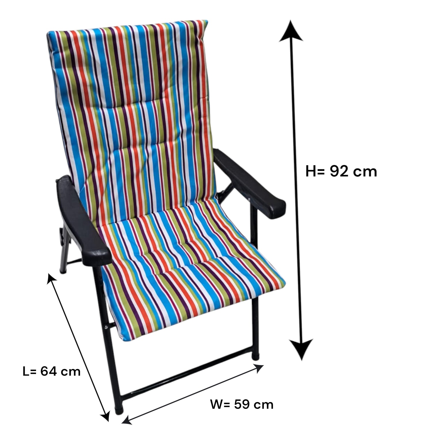 Foldable Camping Chair with Colorful Striped Cushion – Comfortable Outdoor Recliner with Armrests and Strong Steel Frame